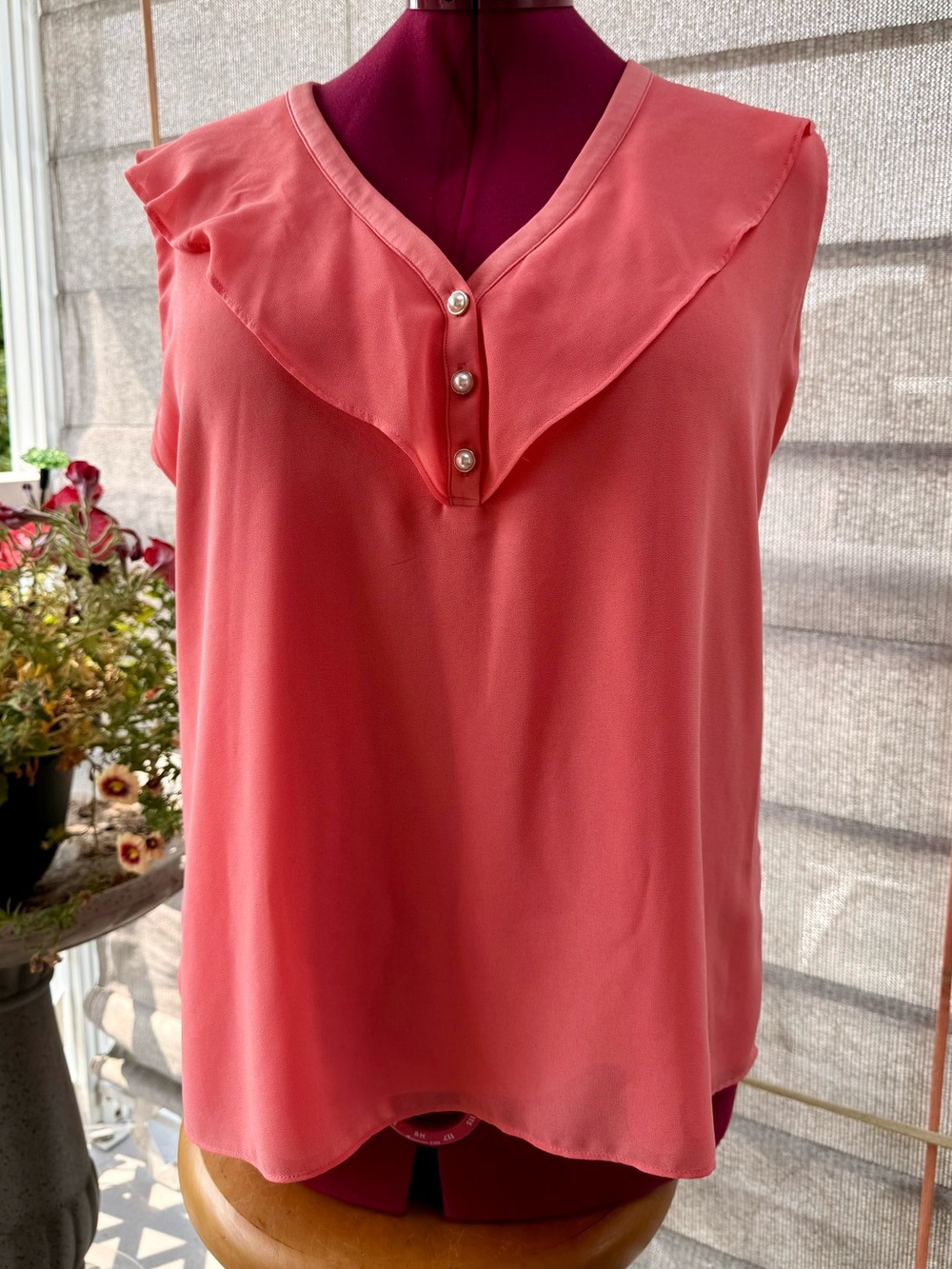 Calvin Klein Sleeveless Coral Chiffon Ruffle V-Neck with faux Pearl button front